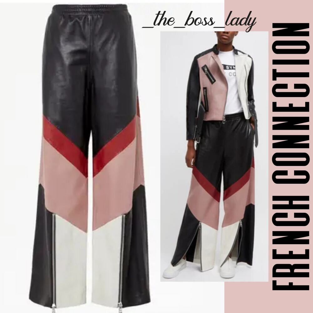 French Connection Black Colorblock Wide Leg Faux Leather Pants